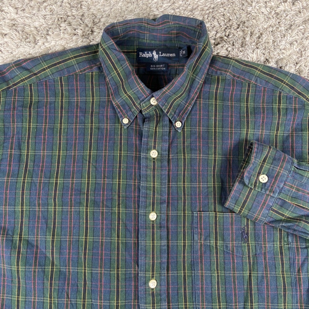 Ralph Lauren Big Shirt Mens M Green Plaid Long Sleeve Button Down Cotton Pony